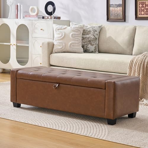 Image of Huatean Home 48 inch Ottoman with Storage, Storage Ottoman Bench with Safety Hinge, Upholstered Entryway Bench with Seating for Bedroom, Living Room, Holds up to 330 lb, Brown