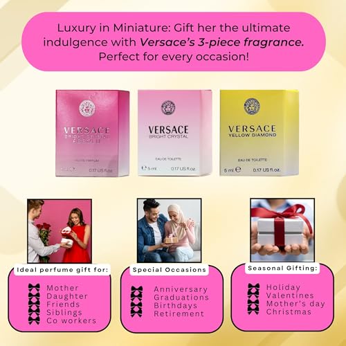 Image of Versace 3-piece Miniatures Fragrance Collection - Bright Crystal Absolu, Bright Crystal, Yellow Diamond - Gift set for Women 0.17 fl oz each | Includes Bright Crystal Absolu, Bright Crystal & Yellow Diamond Mini Perfumes, Designer Sampler, Travel Size.