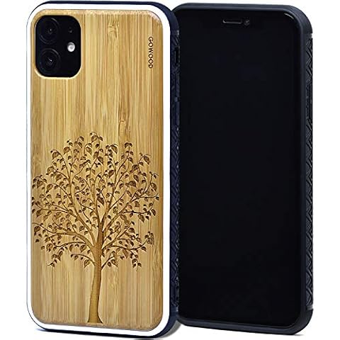 Wooden Case for iPhone 11 with Shock Absorbing Anti-Slip TPU Bumper and Tree Engraved Bamboo Wood Backside GOWOOD Cover