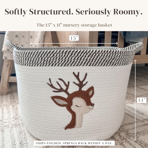 Image of Deer Baby Storage Basket, Woven Cotton Rope Nursery Bin, 15x11 in | Stuffed Animal and Blanket Storage, Soft Felt Deer Patch, Woodland Nursery Decor, Kids Playroom Organizer
