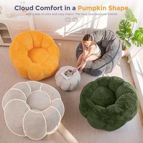 Image of MAXYOYO Giant Bean Bag Chair with Ottoman, Pumpkin-Shaped Bean Bag Sofa with Footstool, Oversized Boneless Couch Chair in a Box, Comfy and Lazy Lounge for Dorm, Living Room, Bedroom, Green