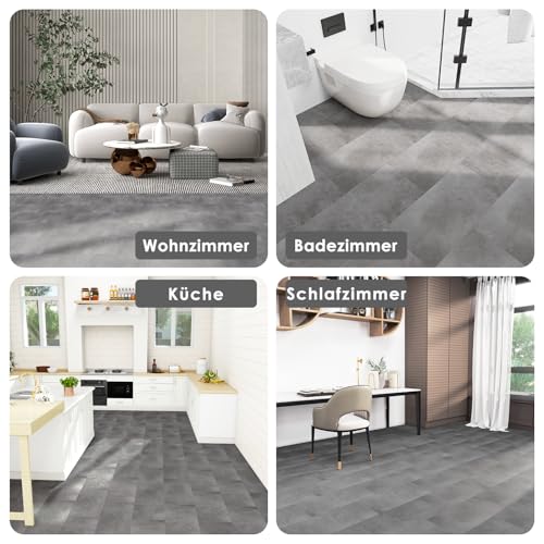 Mulgreat - PVC Bodenbelag Galena - Selbstklebende Vinyl-Fliesen - Vinylboden - Betoneffekt - Grau- 60,96 cm x 30,48 cm x 1,5 mm - Dicke 1,5 mm - 2.23m² / 12 Fliesen