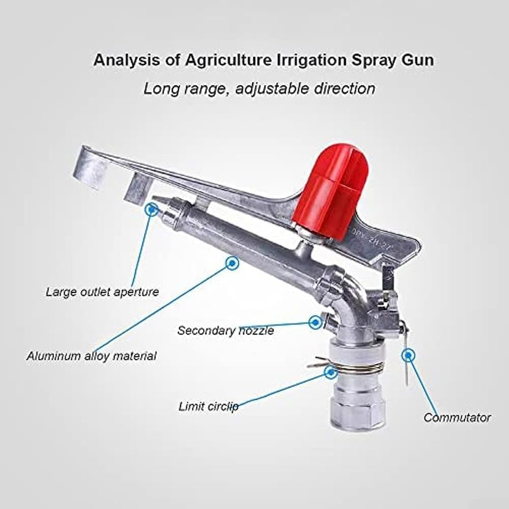 Pistola de riego agrícola con aspersor giratorio de 360° para un riego eficiente en granjas, huertos y jardines