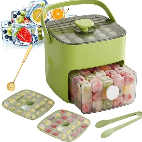 2026 New 2-in-1 Large Capacity Ice Maker & Storage Bin Set, Double-Deck Portable Plastic Ice Cubes Trays for Freezer, Easy Press Release 48 Ice Cube Moulds for Drinks, Cocktails, Parties (Green)