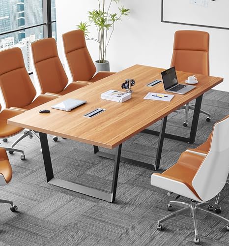 ahliss Sturdy Conference Table with Cable Management Grommets Modern Rectangle Office Meeting Table with Wood Tabletop and Metal Frame & Legs- Easy Assembly Boardroom Table (Natural, 8 Foot)