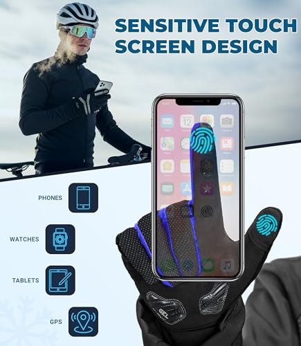 FDX Full Finger Winter Cycling Gloves, Breathable, Water Resistant, Windproof, Anti- Shocking Gel Padded Palms, Touchscreen, Anti-Slip Warm Thermal Men Women MTB, Racing, Riding, Running (Blue L) - Image 4