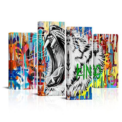 Homeoart Tiger Wall Art Roaring Tiger Wildlife Animal Painting Graffiti Framed Canvas Wall Art Aaesthetic Room Decor For Teen Boys Bedroom Large 4 Panels #TOP26