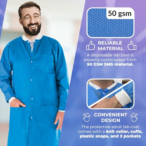 AMZ Medical Supply Disposable Lab Coats for Adults, 2X-Large. Pack of 30 Blue Knee Length Lab Coat. SMS 50 GSM Disposable Coats Medical. PPE Coat with Knit Collar & Cuffs, Plastic Snaps, 3 Pockets - Thumbnail 3