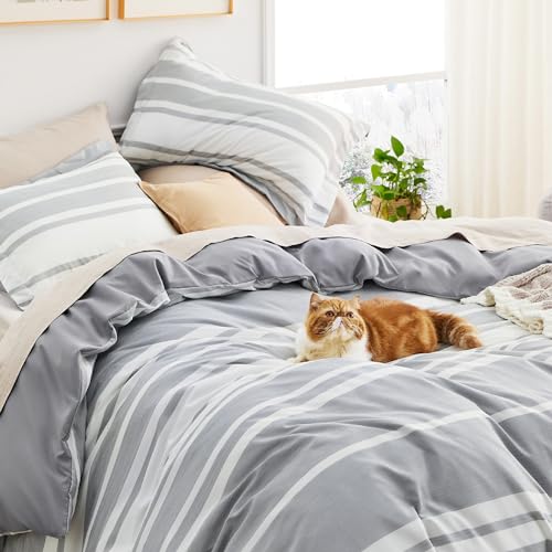 Bedsure US000560GQU Queen Duvet Cover Grey White Striped thumb #4