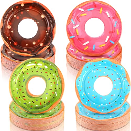 Huwena 100 Pcs Donut Paper Plates for Two Sweet Party Decoration 7in Grow up Disposable Dessert Plates Dinnerware Bulk Colorful Cute Snack Platter for Birthday Donut Themed Party Supplies Favors