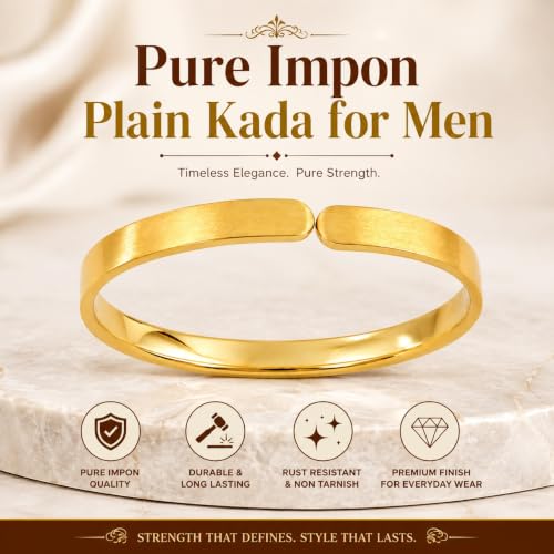 Image of ISHANA FASHIONS Pure Impon Panchalogam Plain Kada for Men | Premium Gold Look Traditional Cuff Bracelet | Durable, Stylish and Comfortable Metal Kada for Daily Wear, Office, Casual and Festive Occasions