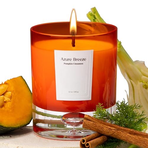 Pumpkin Scented Candles for Home - 12 oz, 70 Hours Burning - Natural Essential Oils & Soy Wax, Vanilla Cinnamon Candle with Exquisite Hand-Blown Glass Vessel