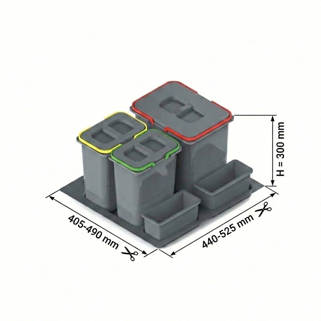 REJS Mülltrennsystem Küche für 60 cm Schrank 3-fach 52,5x49x30 cm (1x 15L + 2x 7L) mit Deckel Einbau Abfallsammler für Schubladen Küchenabfalleimer Abfalltrennung Abfallbehälter Set Silberfarben