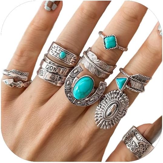 Airvess Vintage Knuckle Rings Set, Chunky Turquoise Stackable Rings, Silver Joint Finger Stacking Rings, Bohemian Western Jewelry for Women