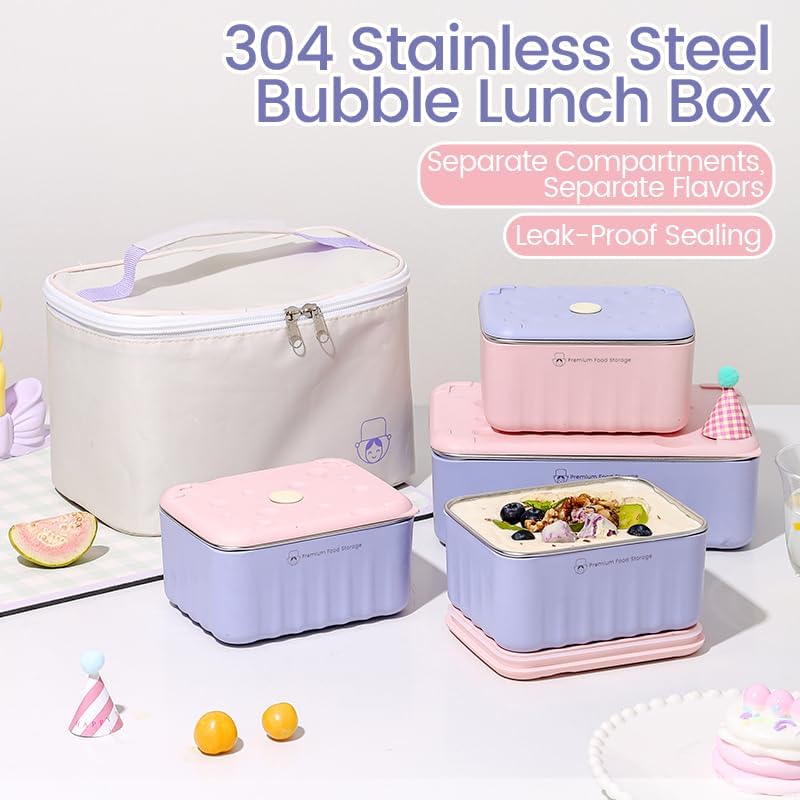 4pcs Colorful Lunch Box Set, 304 Stainless Steel Fresh-Keeping Containers with Silicone Sealing Ring, Microwaveable, Portable Storage & Insulated Bag