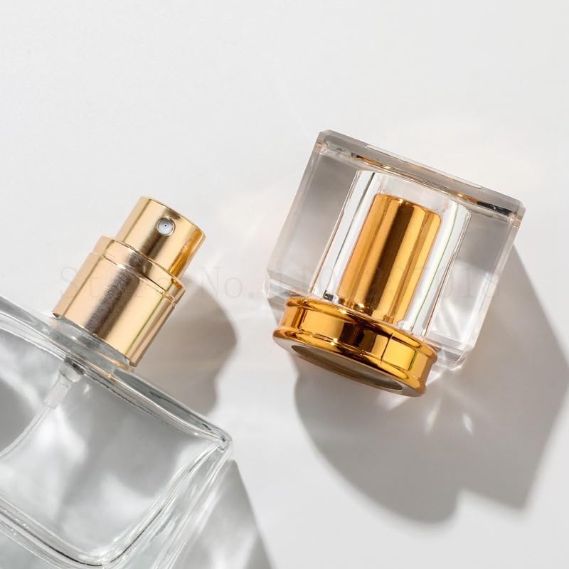 Kwadratowa szklana butelka na perfumy, 30 ml, 50 ml, do wielokrotnego napełniania, spiralny rozpylacz, pusty pojemnik na kosmetyki, grube dno (złoty, 96 sztuk, 50 ml)