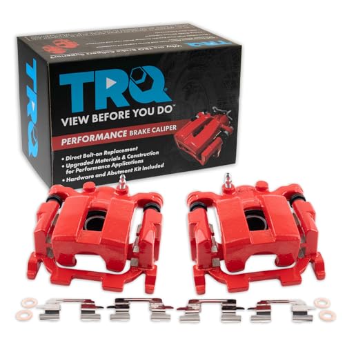 Image of TRQ Rear Brake Caliper Set Painted Red Brackets Compatible with 2011-2022 Infiniti G25 G37 M35h M37 M56 Q40 Q50 Q60 Q70 Q70L QX60 JX35 2009-2023 Nissan 370Z Murano Pathfinder Quest