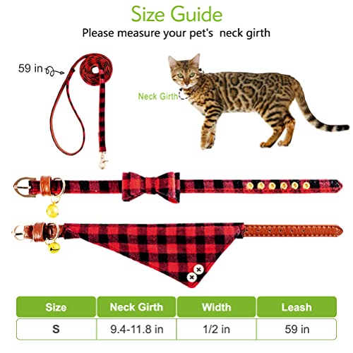 Image of EXPAWLORER Dog Collar and Leash Set - Classic Plaid Dog Bow Tie and Dog Bandana Collar with Bell, Tangle Free, Adjustable for Small to Medium Dogs and Cats, Holiday Ideal Gift
