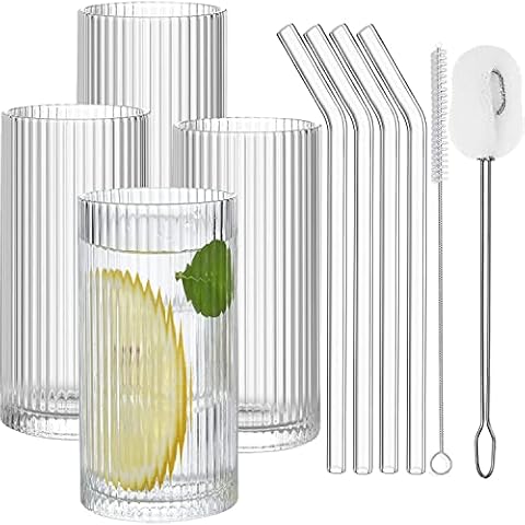 ALINK Cocktail Gläser 4er Set, Bier Glas, Can Longdrinkglas, Eiskaffee Gläser mit Strohhalm,2 Reinigungsbürsten, Trinkglas in Dosenform Cover