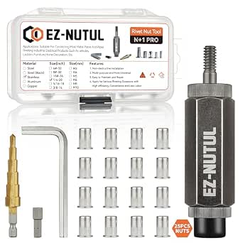 Rivet Nut Installation Tool Set Flat Head Rivnut Threaded Insert Nut Kit SAE & Metric for Metal Heavy Duty Zinc Plated Nutsert (1/4-20(Rivet Nut Tool-25pcs, Stainless))