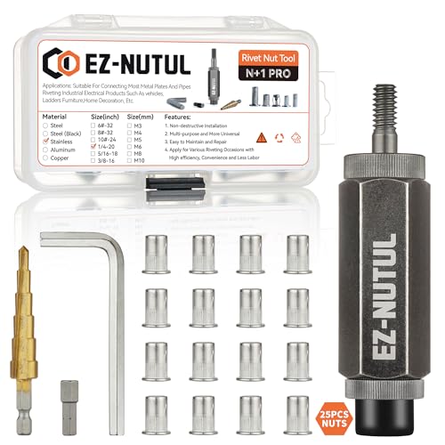 Rivet Nut Installation Tool Set Flat Head Rivnut Threaded Insert Nut Kit SAE & Metric for Metal Heavy Duty Zinc Plated Nutsert (1/4-20(Rivet Nut Tool-25pcs, Stainless))