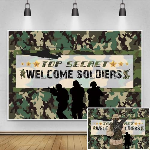 Toile de fond militaire de 2,1x1,5m camouflage et hélicoptère pour fête d'enfants