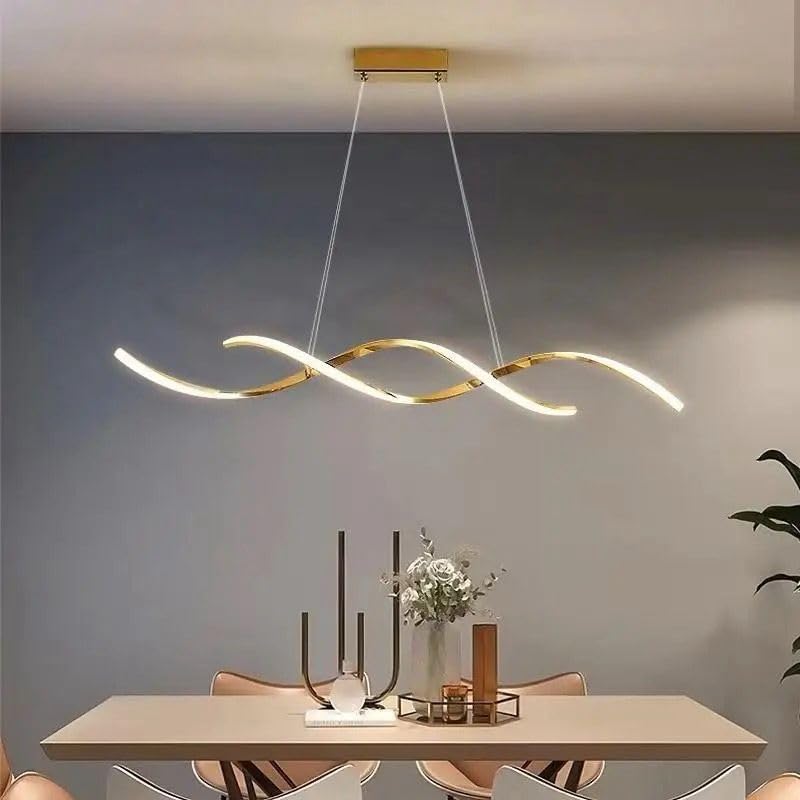 Image of blissbells Modern Wave LED Pendant Ceiling Light for Dining Room, Luxury Linear Hanging Chandelier with Adjustable Suspension, Gold Finish Decorative Light Fixture for Living Room & Kitchen Island