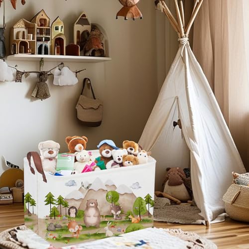 Image of Sanjiaofeng Rectangular Forest Animals Kids Laundry Basket Animal Hamper for Nursery Waterproof folding Kids Storage Basket Woodland Animals Room Decor Books Box Gift Baskets(Mountain animal)
