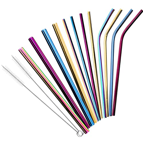 Edelstahl Strohhalme Wiederverwendbare Trinkhalme Bunte Strohhalme 12 Stück Metall Set mit 2 Reinigungsbürsten Ideal für Getränke,Smoothie,Cocktails Cover