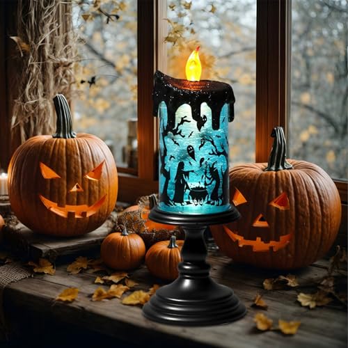 Image of Halloween Flameless Candle Battery Operated with 6 Hour Timer, Blue Lights Witch Decals Tornado Lamp LED Candle Halloween Indoor Decor 4 x 10 Inches
