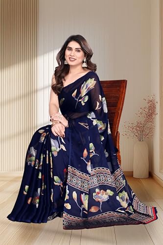Image of SUPERLAXMI Women's Chiffon Floral Printed Saree with Blouse Piece