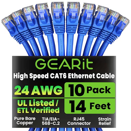GEARit Cat6 Patch Cables Cat 6 Ethernet Cable 14 ft 10-Pack Blue