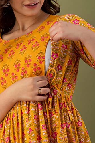 Image of Vinny's Creation Women's Cotton Maternity Kurti | Floral Printed Feeding Kurta with Hidden Zipper | Stylish Pregnancy Gown & Nursing Dress for Womens