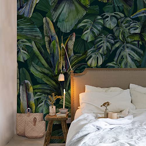 Flortlias Peel And Stick Watercolor Wall Mural, Leather Textured Vinyl Self-Adhesive Wallpaper For Bedroom Living Room Accent Wall Decor, Eden Tropical Leaves #TOP5