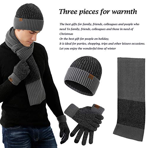 Conjunto de 3 peças de gorro de malha + cachecol longo + luvas para tela sensível ao toque, Cinza es