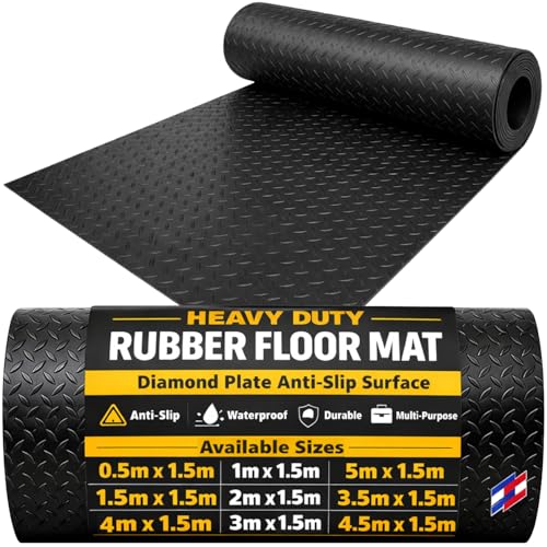 BCM Rubber Matting Roll Checker Plate, Heavy Duty Rubber Flooring for Shed Flooring, Garage, Van, Gym or Workshop, Non Slip Waterproof Surface, Easy to Cut, 1m x 1.5m