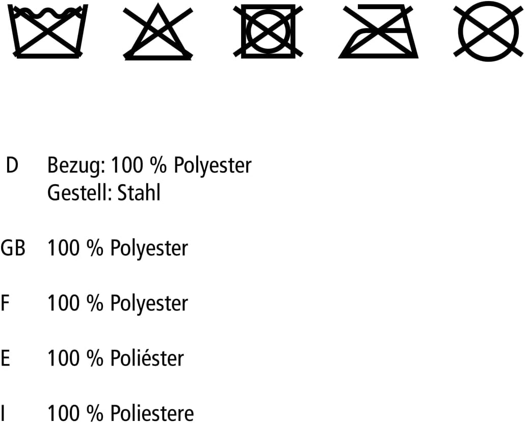 Care symbols for the fabric cover, indicating no washing, no bleaching, no tumble drying, no ironing, and no dry cleaning.