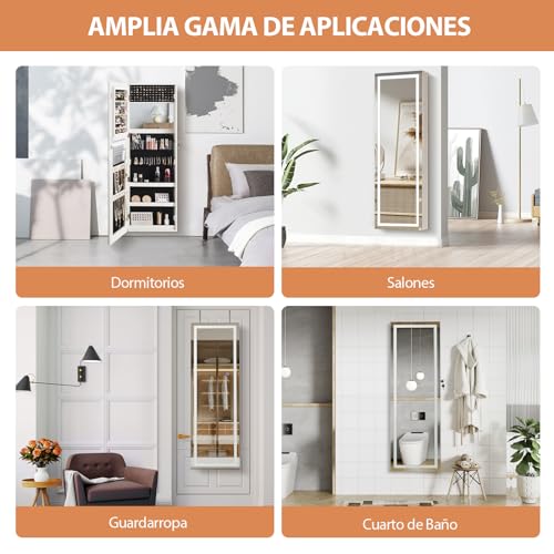 RELAX4LIFE Armario para Joyas de Pared con 2 Espejos y Luz LED Táctil, Estantería para Joyas de Puerta con Cerradura y Llaves para Pendientes, Collares, Anillos y Cosméticos, 40x12,5x120cm (Blanco) - imagen 6