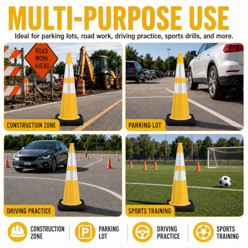 Image of BESEA 8 Pack 36 Inch Yellow Traffic Cones with Wide Weighted Base
