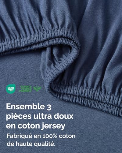 Drap-Housse Jersey Coton 90x200cm bleu marine en maille haut de gamme 100% coton