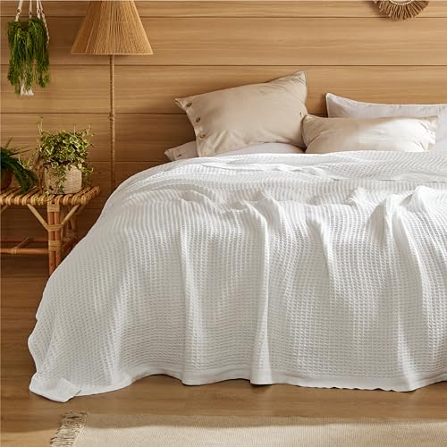 Image of Bedsure 100% Cotton Blanket Full Size for Bed - Cooling Breathable and Soft for Summer, Thick Cozy Waffle Weave Blanket Gifts for Women, White, 80x90 Inches
