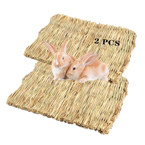 PINVNBY Natural Grass Mat for Rabbits,2 Pack Rabbit Hay Mats,100% Handwoven Hay Chewable Bedding & Cooling Mat for Bunny Guinea Pigs Hamsters Chinchillas - Eco-Friendly Cage Liner,Nesting Toy