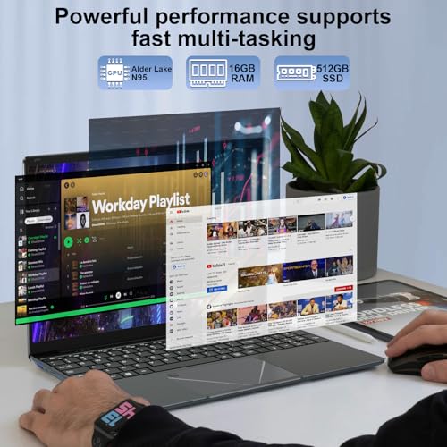 LEEDOW Laptop PC-15.6" 16GB RAM LPDDR4 512GB SSD Laptop Computer Alder Lake-N95 CPU up to 3.4Ghz Notebook Support Touch ID, WiFi, BT Notebook for Work,Student,Movies