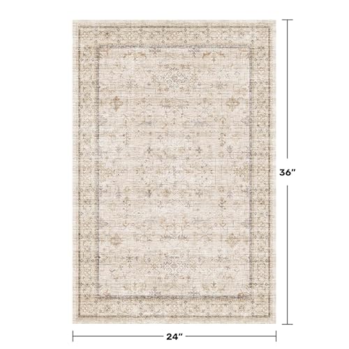 Image of Farmhouse Bathroom Rug 2x3 Beige, Machine Washable Small Non Slip Indoor Entryway Area Rug, Low Pile Thin Neutral Vintage Design for Bedside, Kitchen