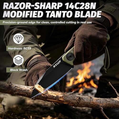 RXLUY Fixed Blade Knife with Sheath, 14C28N Full Tang Steel Blade,Tactical Survival EDC Utility Knives with G10 Handle, Adjustable Kydex Belt Clip for Camping Hunting Hiking Gardening Outdoor (Green) — view 3
