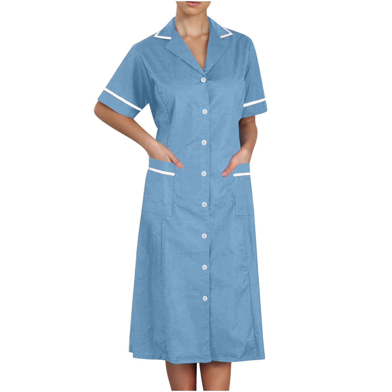 Women's Short Sleeve Work Dress Lapel Button Front Nursing Workwear Casual Housekeeping Scrubs Dress with Pockets