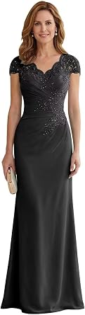 Lace Applique Mother of The Bride Dresses Chiffon Mother of Groom Dress for Women Short Sleeve Formal Evening Gown