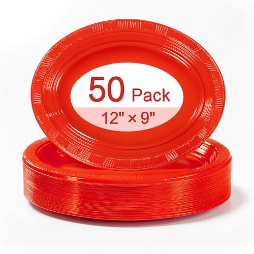 WELLIFE 50pcs Red 12 Inch Oval Plastic Plates, Disposable Heavy Duty Oval Serving Platters, Large Plastic Oval Dinner Plates for 4th of July, Holiday Party, Family Gathering, BBQ & Catering