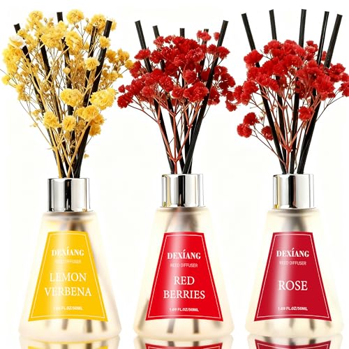 Reed Diffuser Set of 3 Packs, Lemon Verbena/Rose/red Berry, Oil Diffuser Reed Diffuser for for Home, Bathroom, Office Decor 1.7 Fl.oz, Total 5.1Oz