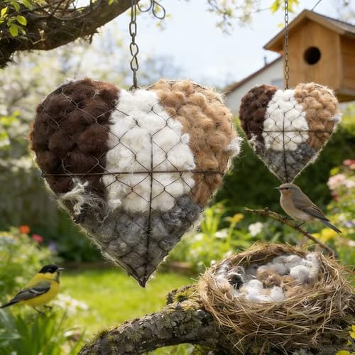 Donubiiu Zupfherz Alpakawolle Spender für Vögel - aus Alpakawolle Herzform Nistmaterial-Spender zum Aufhängen im Garten Bietet Unterschlupf Nistmaterial Für Vögel (1)